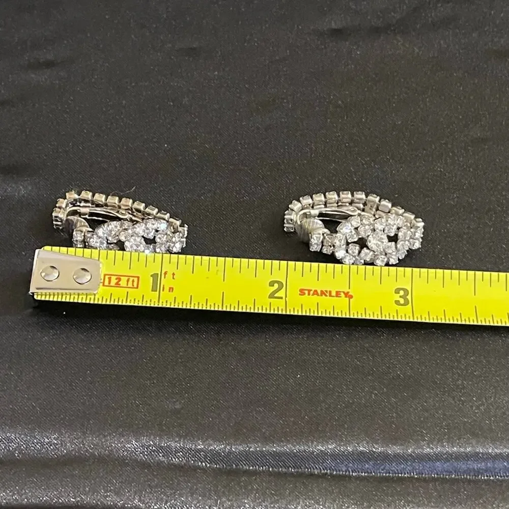 Vtg Mid-Century Clear Rhinestone Art Deco Clip Earrings Huggie Hoop Bridal Retro